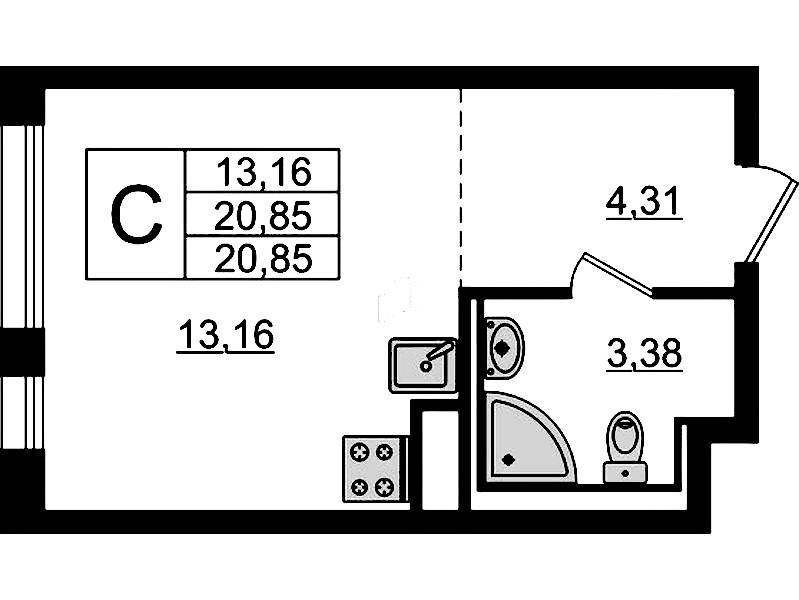 Квартира студия 20.85 м², 3/12 эт., ЖК «Новые Лаврики»